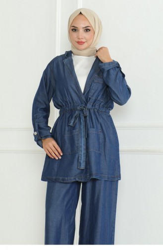 Costume En Jean Avec Taille En Dentelle Bleu Foncé 19209 15287