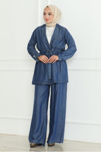 Costume En Jean Avec Taille En Dentelle Bleu Foncé 19209 15287