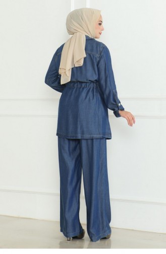 Costume En Jean Avec Taille En Dentelle Bleu Foncé 19209 15287