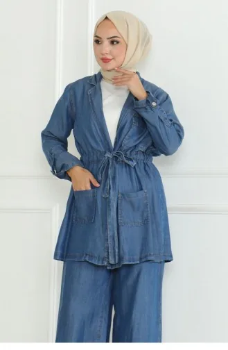 Costume En Jean Avec Taille En Dentelle Bleu Clair 19209 15288