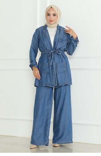 Costume En Jean Avec Taille En Dentelle Bleu Clair 19209 15288