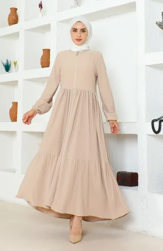 Bürümcük Kumaş Büzgülü Fermuarlı Ferace 1018-02 Vizon