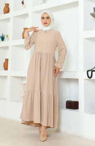 Bürümcük Kumaş Büzgülü Fermuarlı Ferace 1018-02 Vizon