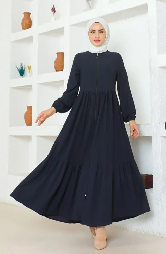 Bürümcük Abaya à Fermeture Et Fronce En Tissu 1018-06 Bleu Marine 1018-06