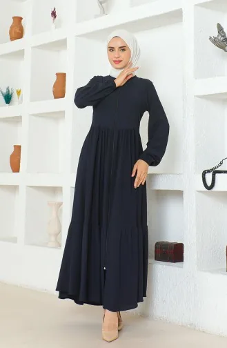 Bürümcük Abaya à Fermeture Et Fronce En Tissu 1018-06 Bleu Marine 1018-06