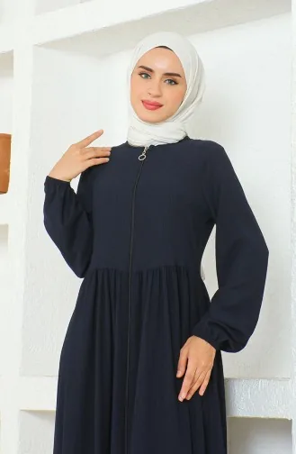 Bürümcük Abaya à Fermeture Et Fronce En Tissu 1018-06 Bleu Marine 1018-06