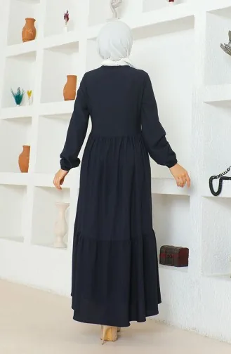 Bürümcük Abaya à Fermeture Et Fronce En Tissu 1018-06 Bleu Marine 1018-06