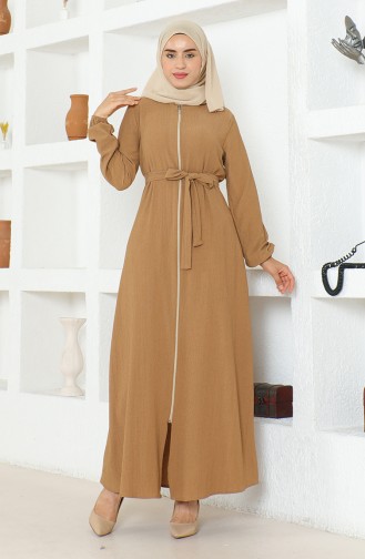 Crinkle Fabric Belted Abaya 1019-02 Milky Coffee 1019-02