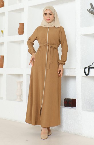 Crinkle Fabric Belted Abaya 1019-02 Milky Coffee 1019-02