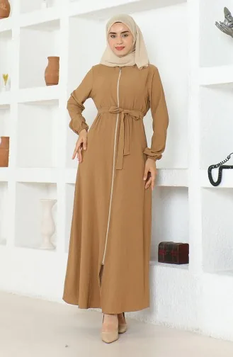 Bürümcük Abaya Met Stoffen Riem 1019-02 Melkkoffie 1019-02
