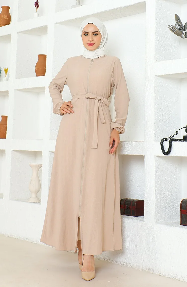 Bürümcük Abaya Mit Stoffgürtel 1019-03 Stein 1019-03