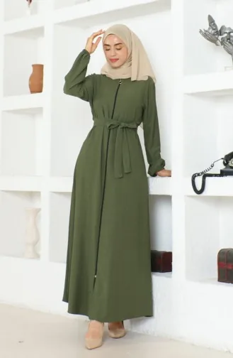 Bürümcük Abaya à Ceinture En Tissu 1019-04 Khaki 1019-04