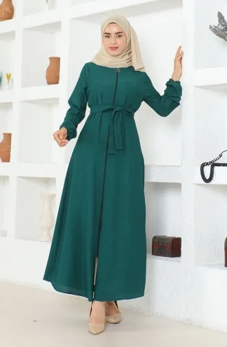 Bürümcük Abaya Avec Ceinture En Tissu 1019-05 Vert Emeraude 1019-05