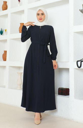 Crepe Fabric Belted Abaya 1019-06 Navy Blue 1019-06