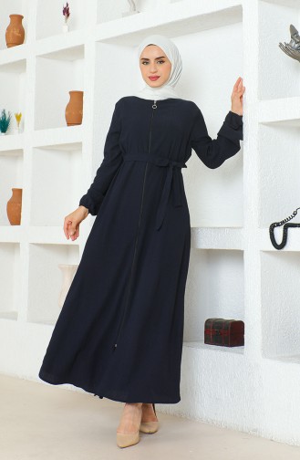 Crepe Fabric Belted Abaya 1019-06 Navy Blue 1019-06