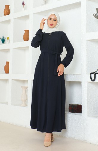 Crepe Fabric Belted Abaya 1019-06 Navy Blue 1019-06