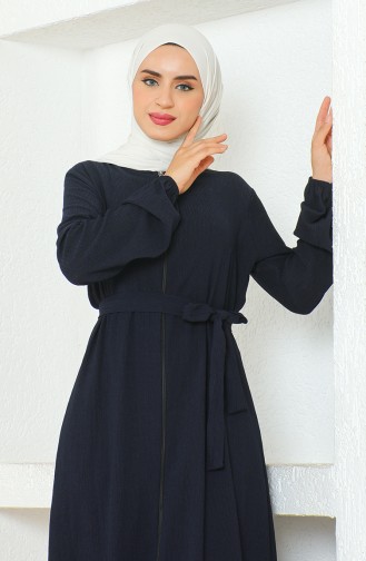 Crepe Fabric Belted Abaya 1019-06 Navy Blue 1019-06