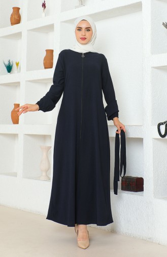 Crepe Fabric Belted Abaya 1019-06 Navy Blue 1019-06