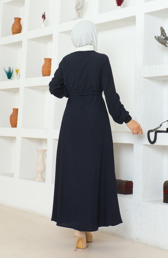 Crepe Fabric Belted Abaya 1019-06 Navy Blue 1019-06
