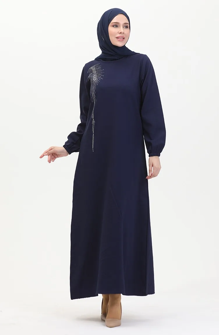Robe De Soirée Crepe Pierre 0480-01 Bleu Marine 0480-01
