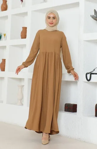 Bürümcük Stoffen Jurk Met Verzamelde Taille 1016-06 Melkbruin 1016-06