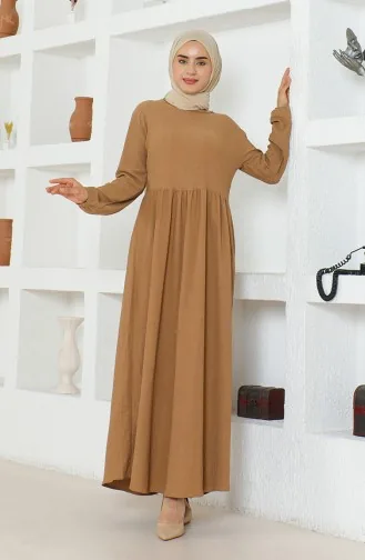 Bürümcük Stoffen Jurk Met Verzamelde Taille 1016-06 Melkbruin 1016-06