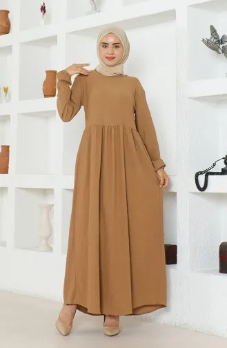 Bürümcük Stoffen Jurk Met Verzamelde Taille 1016-06 Melkbruin 1016-06