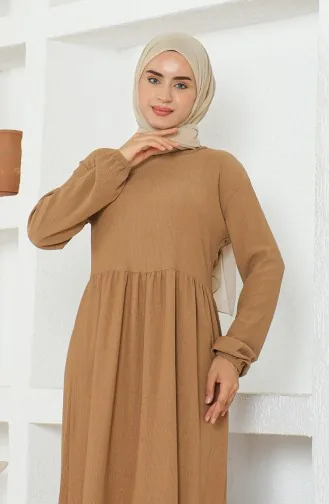 Bürümcük Stoffen Jurk Met Verzamelde Taille 1016-06 Melkbruin 1016-06
