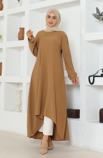 Crepe Fabric Asymmetric Cut Long Tunic 1034-03 Milk Coffee 1034-03