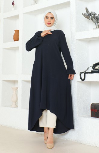 Crepe Fabric Asymmetric Cut Long Tunic 1034-04 Navy Blue 1034-04