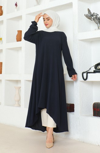 Crepe Fabric Asymmetric Cut Long Tunic 1034-04 Navy Blue 1034-04
