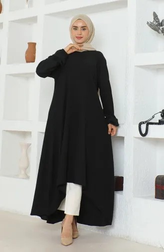 Crepe Fabric Asymmetric Cut Long Tunic 1034-05 Black 1034-05