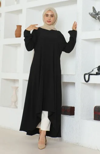 Crepe Fabric Asymmetric Cut Long Tunic 1034-05 Black 1034-05