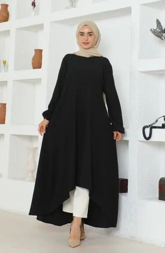 Crepe Fabric Asymmetric Cut Long Tunic 1034-05 Black 1034-05