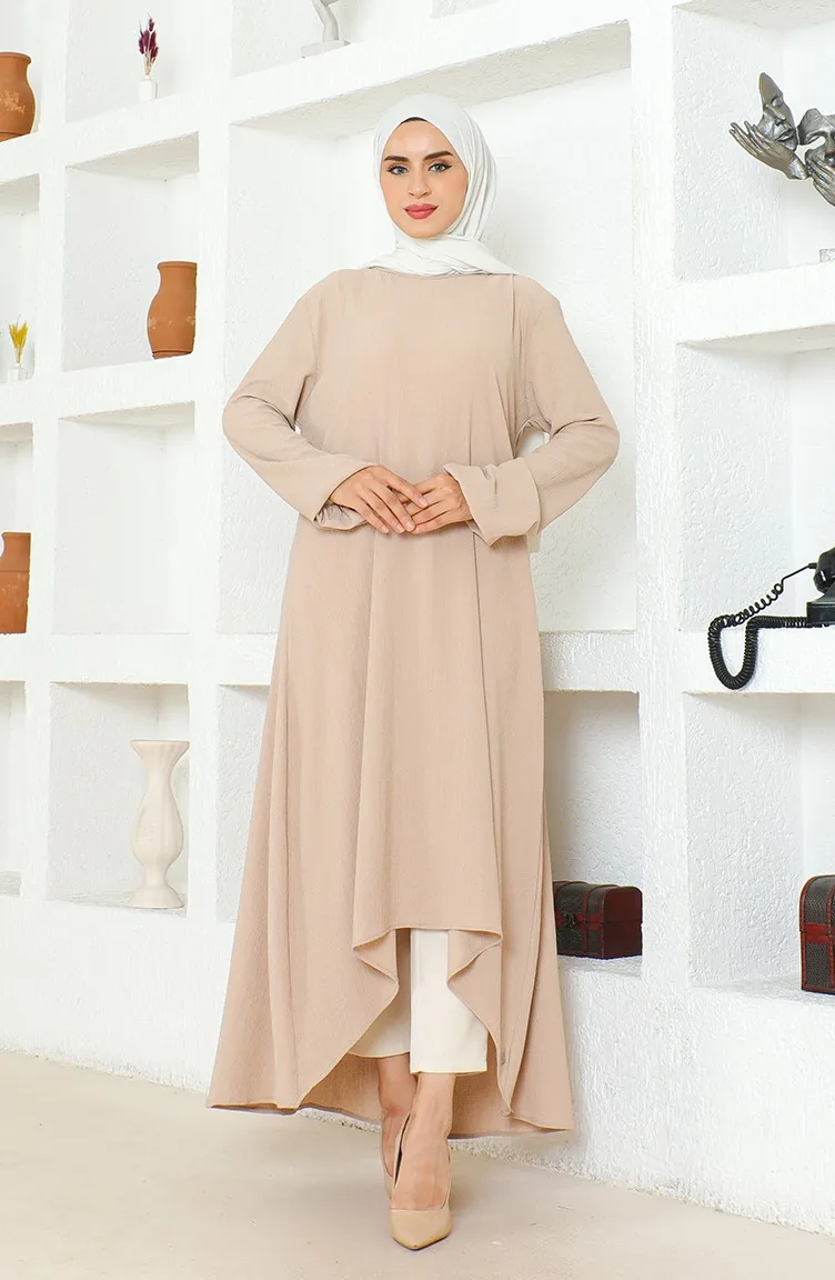 Bürümcük Stof Asymmetrische Snit Lange Tuniek 1034-06 Mink 1034-06