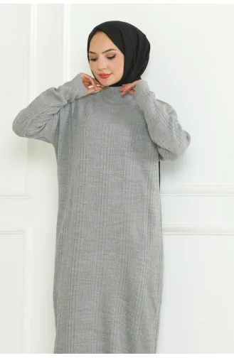 Textured Knitted Hijab Dress 252-02 Gray 252-02