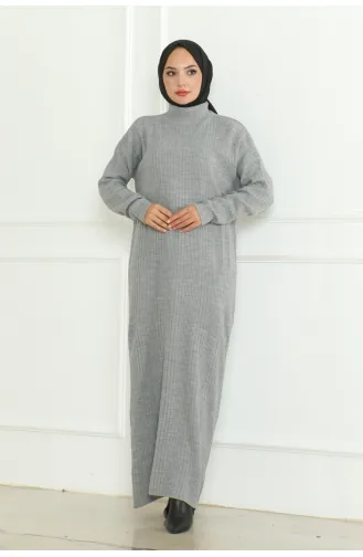 Textured Knitted Hijab Dress 252-02 Gray 252-02