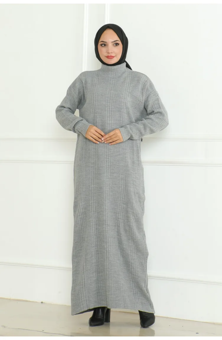 Textured Knitted Hijab Dress 252-02 Gray 252-02