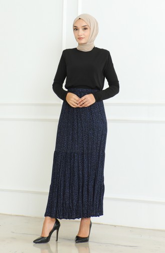 تنورة مطوي منقوش مقاس كبير 3165B-02 كحلي 3165B-02