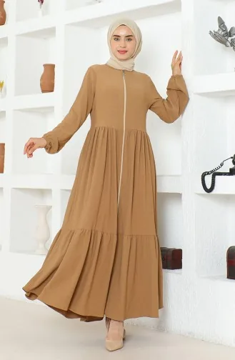 Bürümcük Kumaş Büzgülü Fermuarlı Ferace 1018-01 Sütlü kahve
