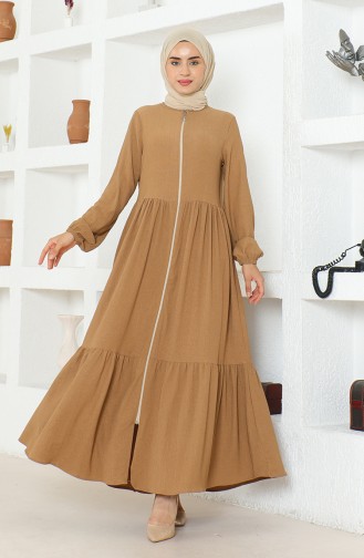 Crepe Fabric Shirred Zippered Abaya 1018-01 Milk Coffee 1018-01