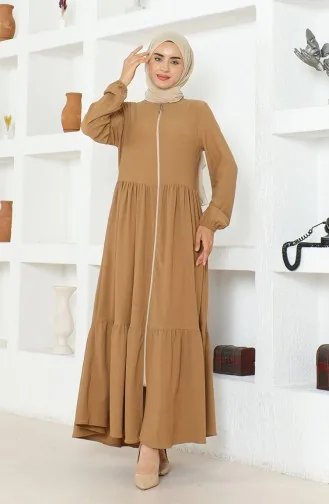 Bürümcük Kumaş Büzgülü Fermuarlı Ferace 1018-01 Sütlü kahve