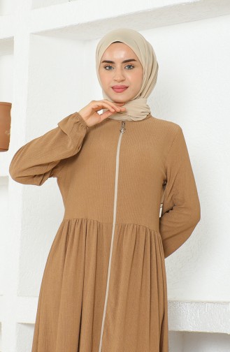 Crepe Fabric Shirred Zippered Abaya 1018-01 Milk Coffee 1018-01