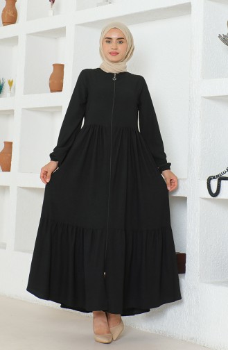 Crepe Fabric Shirred Zippered Abaya 1018-03 Black 1018-03