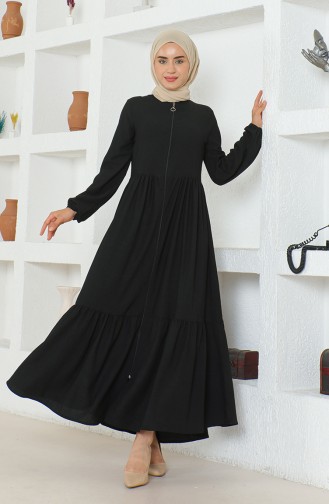 Crepe Fabric Shirred Zippered Abaya 1018-03 Black 1018-03
