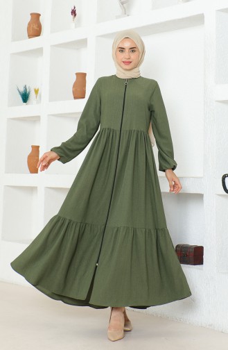 Crepe Fabric Shirred Zippered Abaya 1018-05 Khaki 1018-05
