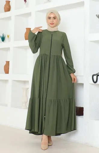 Bürümcük-Stoff Geraffte Abaya Mit Reißverschluss 1018-05 Khaki 1018-05