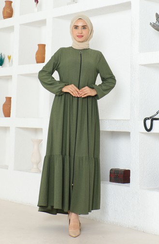 Crepe Fabric Shirred Zippered Abaya 1018-05 Khaki 1018-05