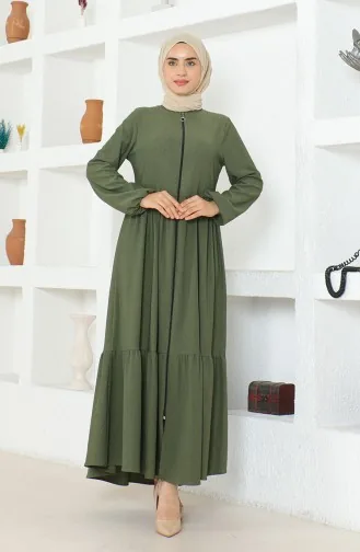 Bürümcük-Stoff Geraffte Abaya Mit Reißverschluss 1018-05 Khaki 1018-05
