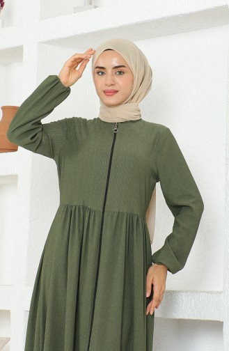 Crepe Fabric Shirred Zippered Abaya 1018-05 Khaki 1018-05